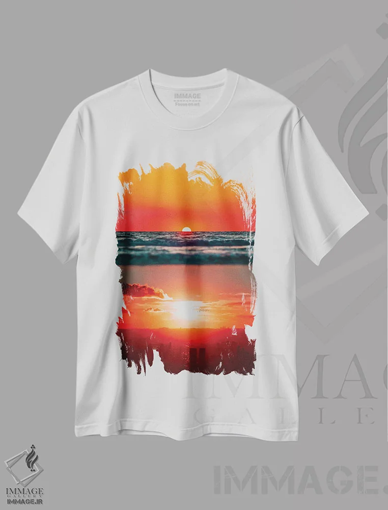 تیشرت سفید طرح دار غروب خورشید بر اقیانوس و شهر، هنر دیجیتال اثر جن زد | فروشگاه ایماژ