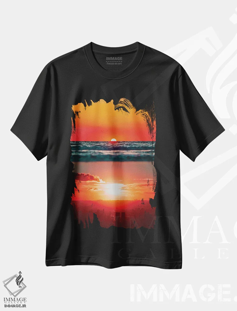 تیشرت مشکی طرح دار غروب خورشید بر اقیانوس و شهر، هنر دیجیتال اثر جن زد | immage.ir