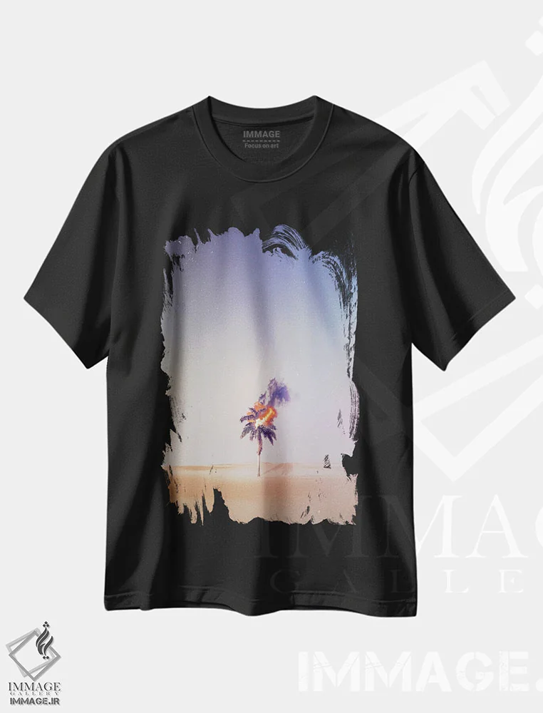 تیشرت مشکی طرح دار درخت نخل در آتش، عکاسی ترکیبی اثر جن زد | immage.ir