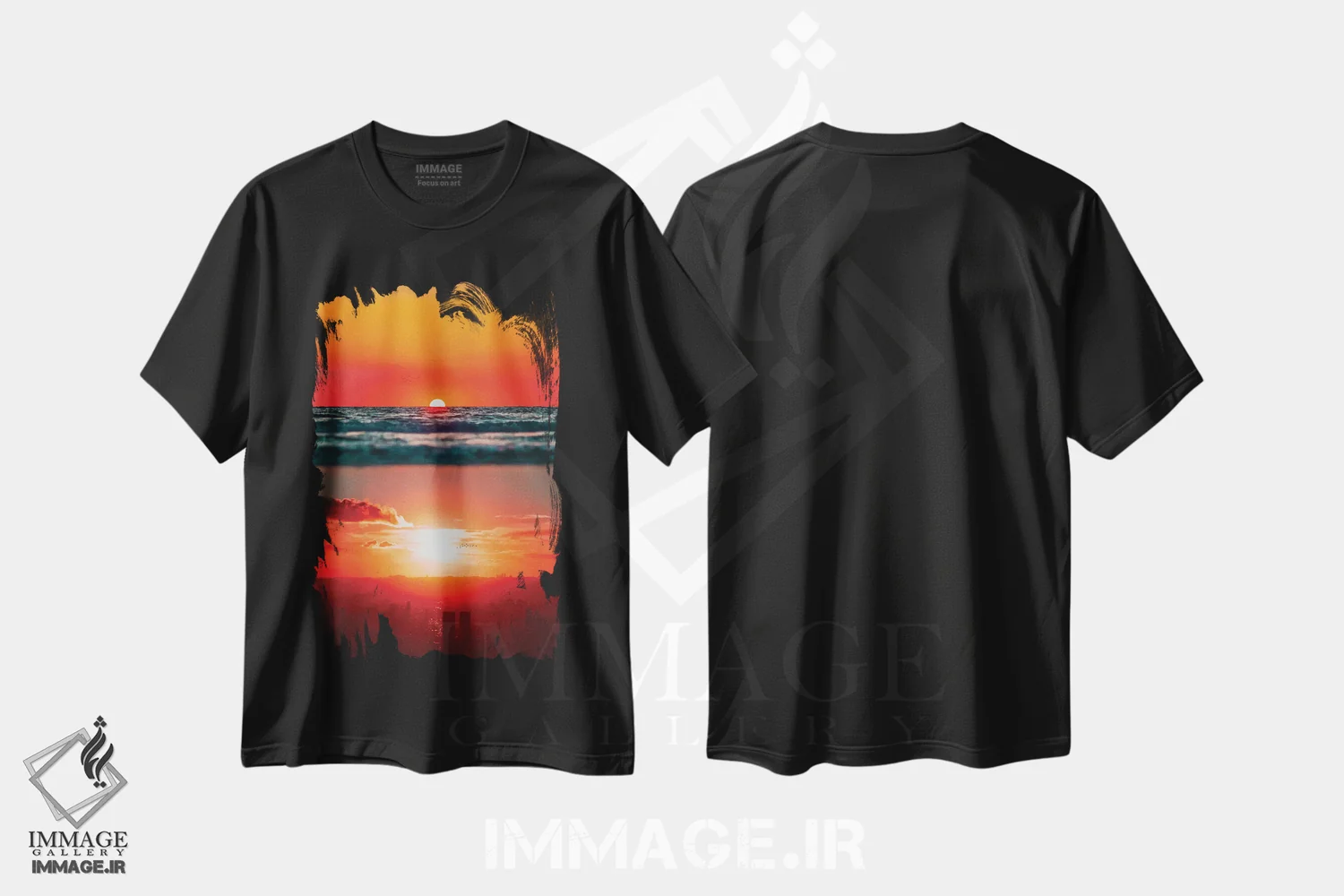 تیشرت مشکی طرح دار غروب خورشید بر اقیانوس و شهر، هنر دیجیتال اثر جن زد | immage.ir