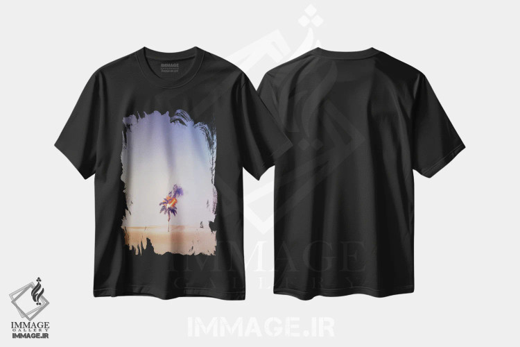 تیشرت مشکی طرح دار درخت نخل در آتش، عکاسی ترکیبی اثر جن زد | immage.ir