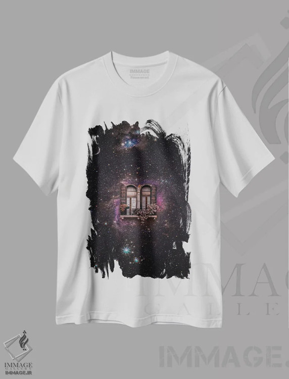 تیشرت سفید طرح دار پنجره و بالکن در فضا، هنر دیجیتال اثر جن زد | فروشگاه ایماژ