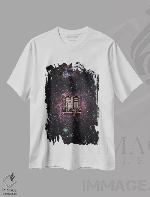 تیشرت سفید طرح دار پنجره و بالکن در فضا، هنر دیجیتال اثر جن زد | فروشگاه ایماژ