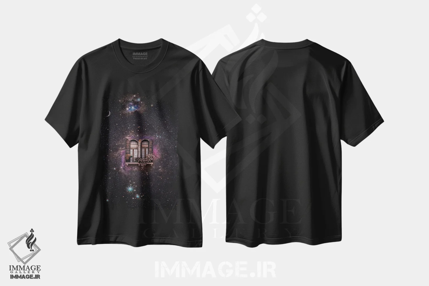 تیشرت مشکی طرح دار پنجره و بالکن در فضا، هنر دیجیتال اثر جن زد | immage.ir