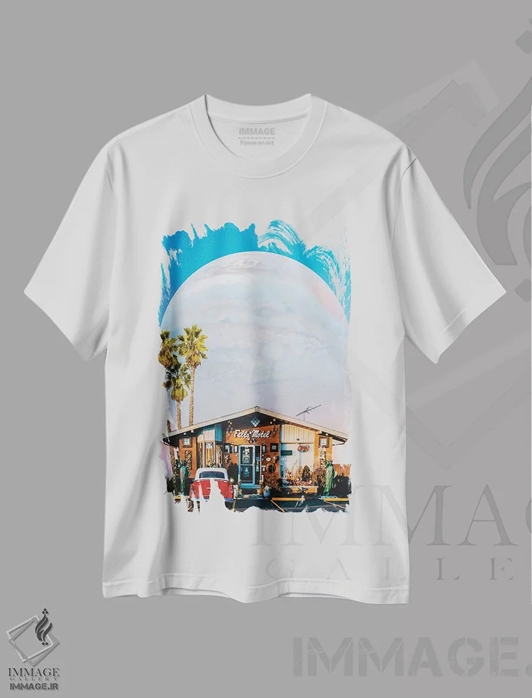 تیشرت سفید طرح دار متل آبشارهای مشتری و سیاره مشتری، هنر دیجیتال اثر جن زد | فروشگاه ایماژ