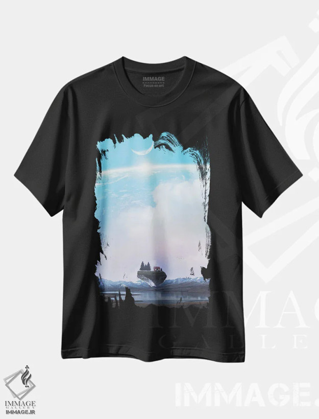 تیشرت مشکی طرح دار خانه قرمز کوچک روی صخره شناور، هنر دیجیتال اثر جن زد | فروشگاه ایماژ