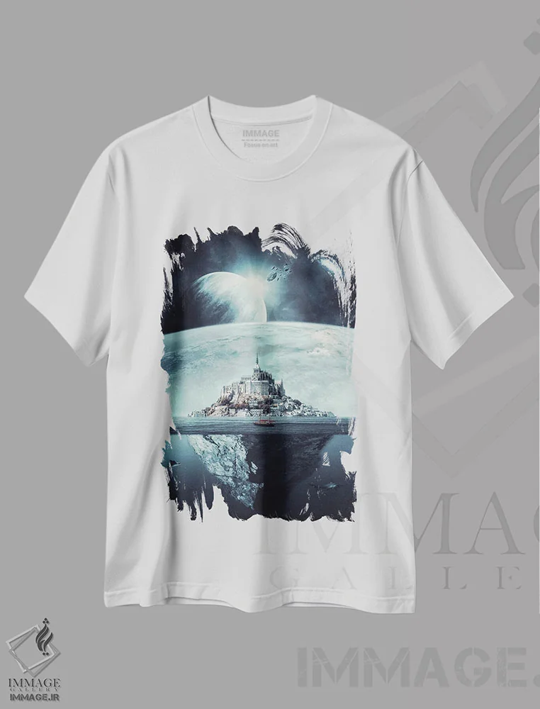 تیشرت سفید طرح دار جزیره صخره ای مون سن میشل، هنر دیجیتال اثر جن زد | فروشگاه ایماژ