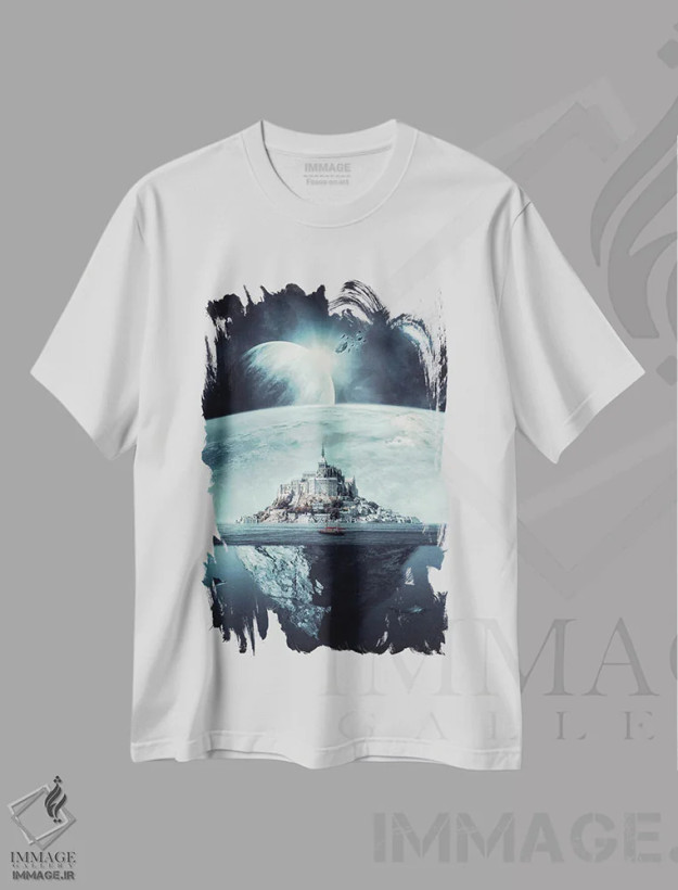 تیشرت سفید طرح دار جزیره صخره ای مون سن میشل، هنر دیجیتال اثر جن زد | فروشگاه ایماژ