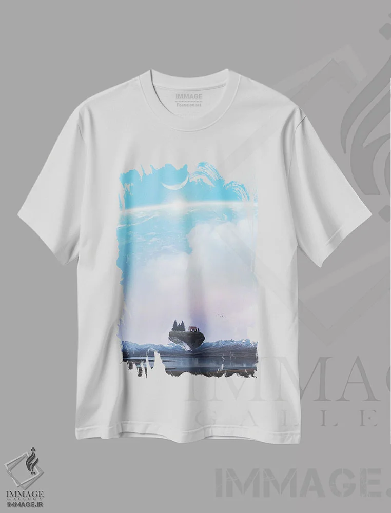 تیشرت سفید طرح دار خانه قرمز کوچک روی صخره شناور، هنر دیجیتال اثر جن زد | immage.ir