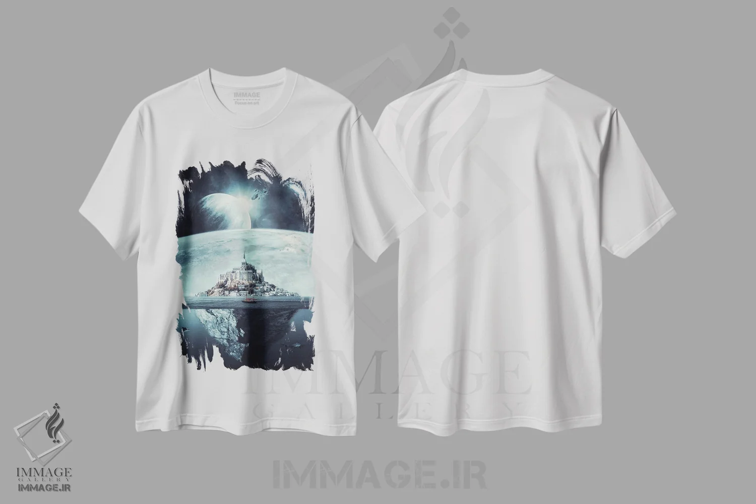 تیشرت سفید طرح دار جزیره صخره ای مون سن میشل، هنر دیجیتال اثر جن زد | فروشگاه ایماژ