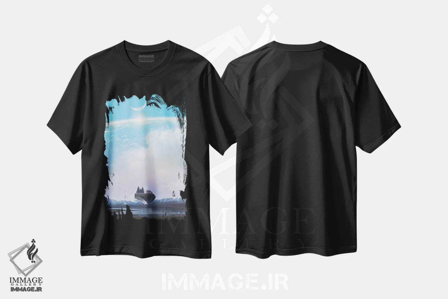 تیشرت مشکی طرح دار خانه قرمز کوچک روی صخره شناور، هنر دیجیتال اثر جن زد | فروشگاه ایماژ