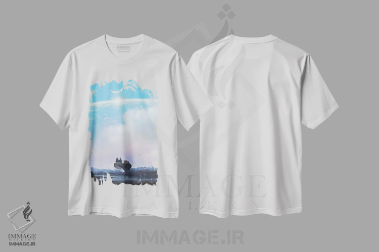 تیشرت سفید طرح دار خانه قرمز کوچک روی صخره شناور، هنر دیجیتال اثر جن زد | immage.ir
