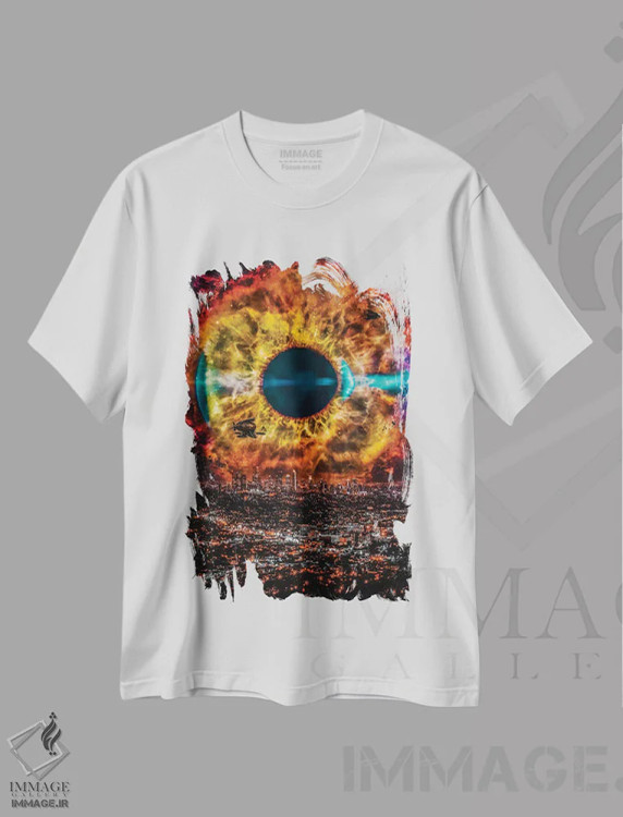 تیشرت سفید طرح دار چشم کهکشان بر فراز شهر شبانه، هنر دیجیتال اثر جن زد | immage.ir