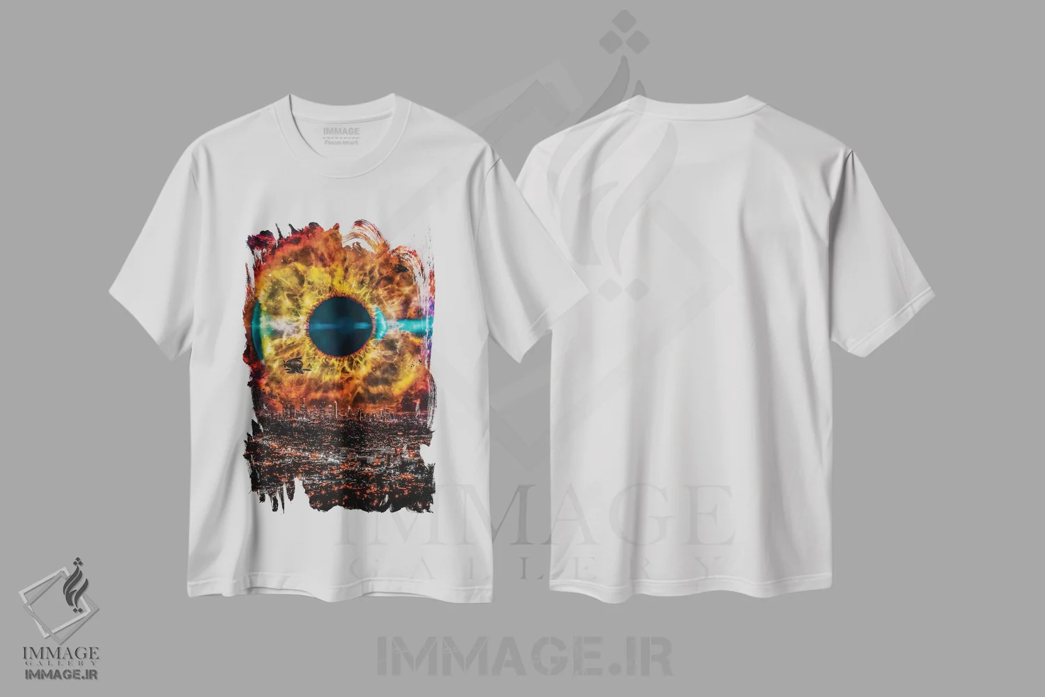 تیشرت سفید طرح دار چشم کهکشان بر فراز شهر شبانه، هنر دیجیتال اثر جن زد | immage.ir