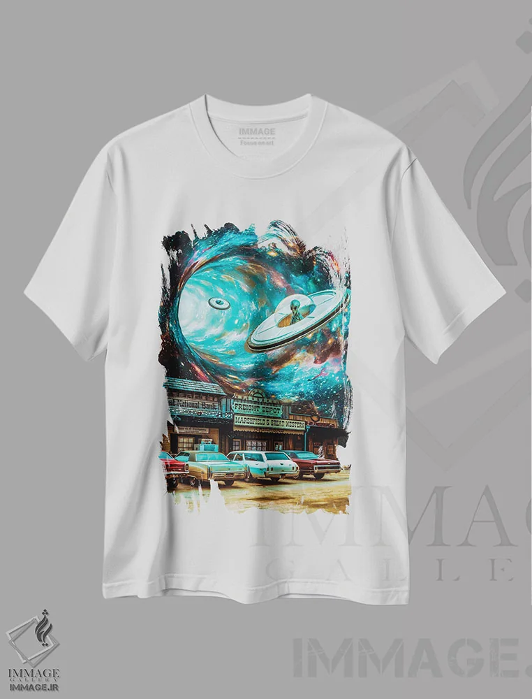 تیشرت سفید طرح دار تهاجم غربی بشقاب پرنده های بیگانه، هنر دیجیتال اثر جن زد | immage.ir