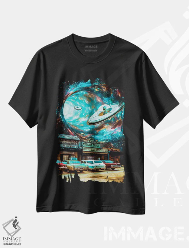 تیشرت مشکی طرح دار تهاجم غربی بشقاب پرنده های بیگانه، هنر دیجیتال اثر جن زد | فروشگاه ایماژ