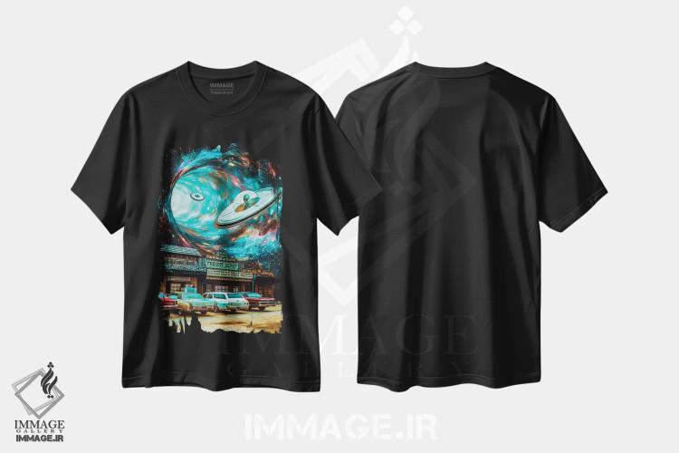 تیشرت مشکی طرح دار تهاجم غربی بشقاب پرنده های بیگانه، هنر دیجیتال اثر جن زد | فروشگاه ایماژ