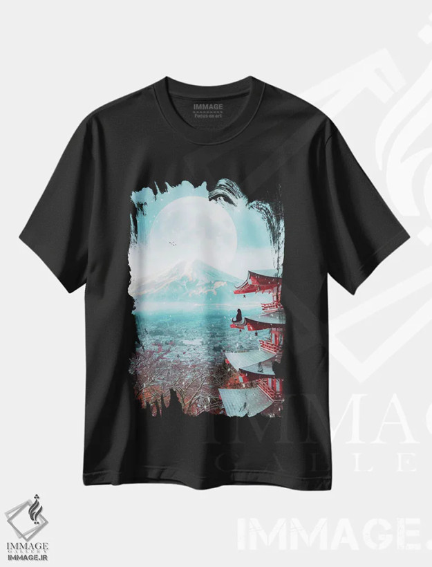 تیشرت مشکی طرح دار گربه سیاه و کوه فوجی با ماه کامل، دکور آسیایی اثر جن زد | immage.ir