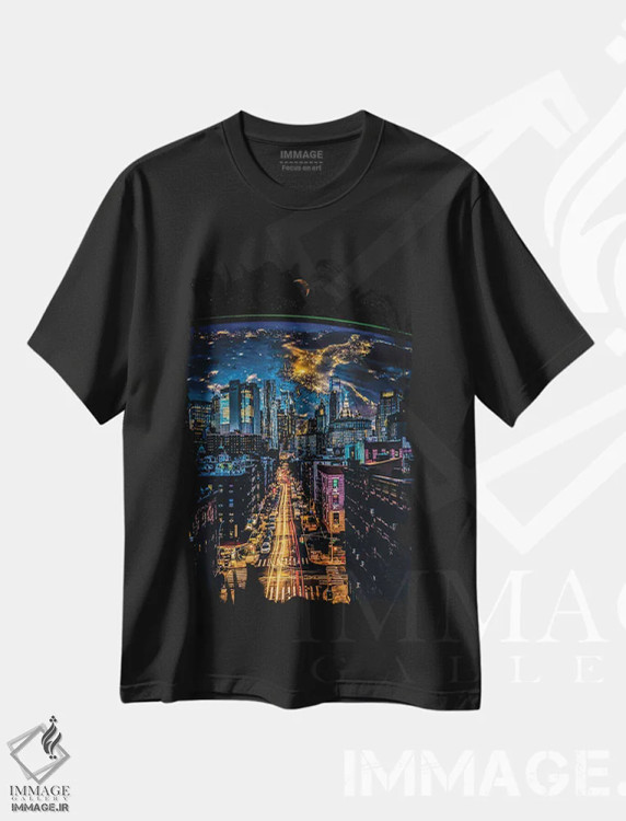 تیشرت مشکی طرح دار دنباله های سرعت و سیاره زمین در شب شهر، هنر دیجیتال اثر جن زد | فروشگاه ایماژ