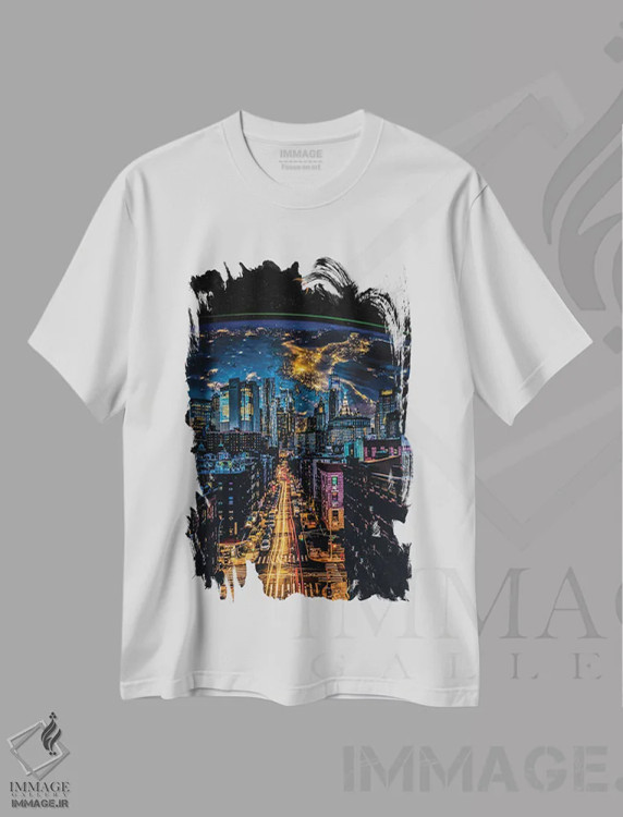 تیشرت سفید طرح دار دنباله های سرعت و سیاره زمین در شب شهر، هنر دیجیتال اثر جن زد | immage.ir