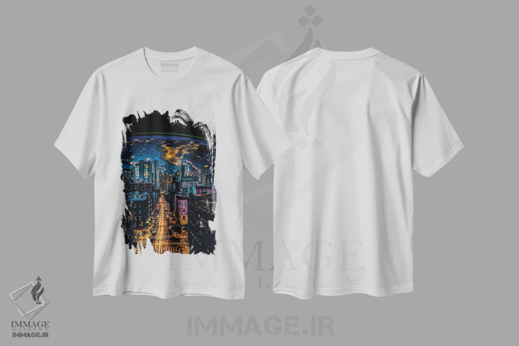 تیشرت سفید طرح دار دنباله های سرعت و سیاره زمین در شب شهر، هنر دیجیتال اثر جن زد | immage.ir
