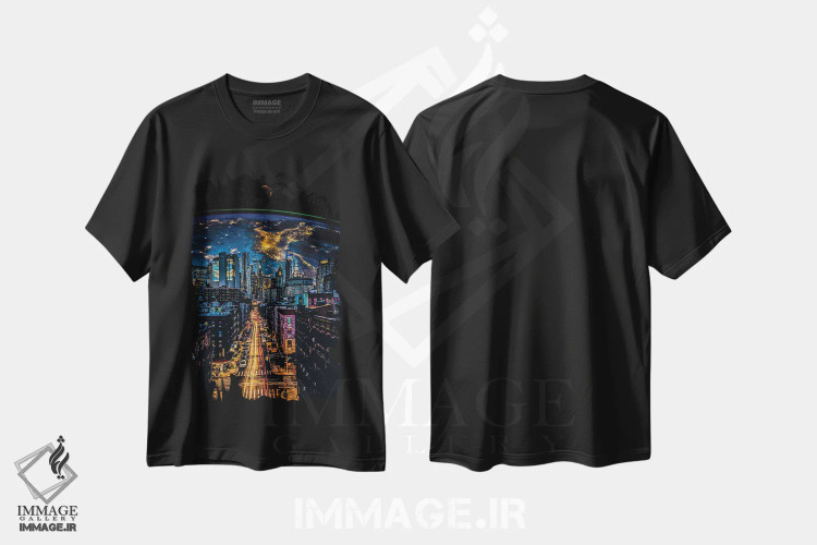 تیشرت مشکی طرح دار دنباله های سرعت و سیاره زمین در شب شهر، هنر دیجیتال اثر جن زد | فروشگاه ایماژ