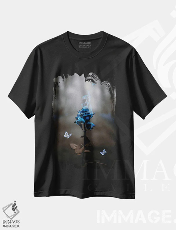 تیشرت مشکی طرح دار رز آبی و پروانه های شعله ای، دکوراسیون جایگزین اثر جن زد | immage.ir