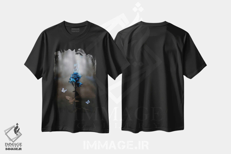تیشرت مشکی طرح دار رز آبی و پروانه های شعله ای، دکوراسیون جایگزین اثر جن زد | immage.ir