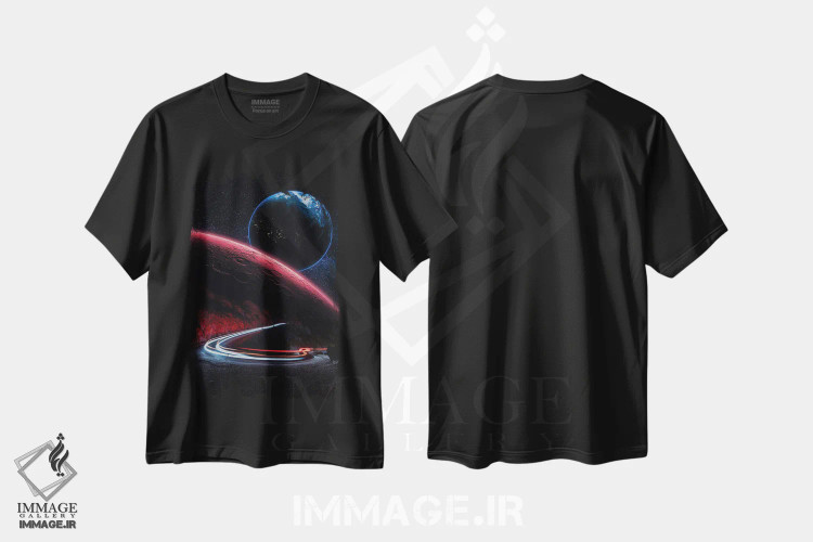 تیشرت مشکی طرح دار دنباله های سرعت و سیارات مریخ و زمین، هنر دیجیتال اثر جن زد | فروشگاه ایماژ