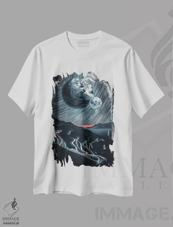 تیشرت سفید طرح دار رد ستارگان شب و ماه، هنر دیجیتال اثر جن زد | فروشگاه ایماژ