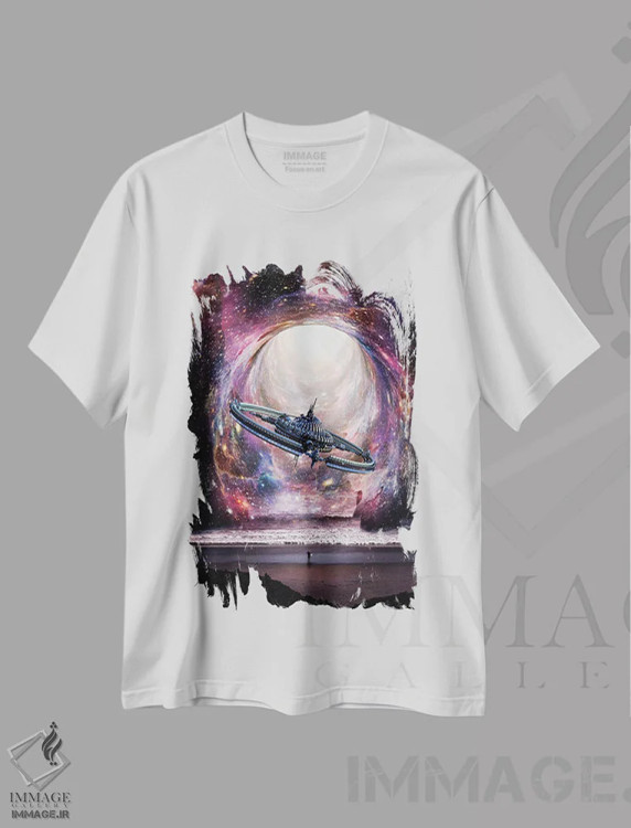 تیشرت سفید طرح دار سیاه چاله و موج سوار در ساحل، هنر دیجیتال اثر جن زد | immage.ir