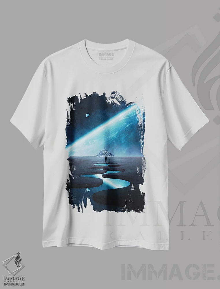 تیشرت سفید طرح دار مون سن میشل و سیاره، هنر دیجیتال اثر جن زد | immage.ir
