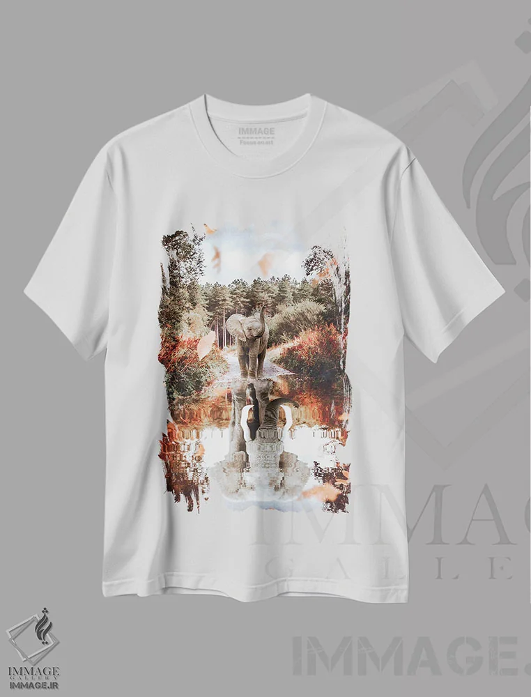 تیشرت سفید طرح دار بازتاب بچه فیل در آب جمع شده با برگ های پاییزی، هنر دیجیتال اثر جن زد | فروشگاه ایماژ