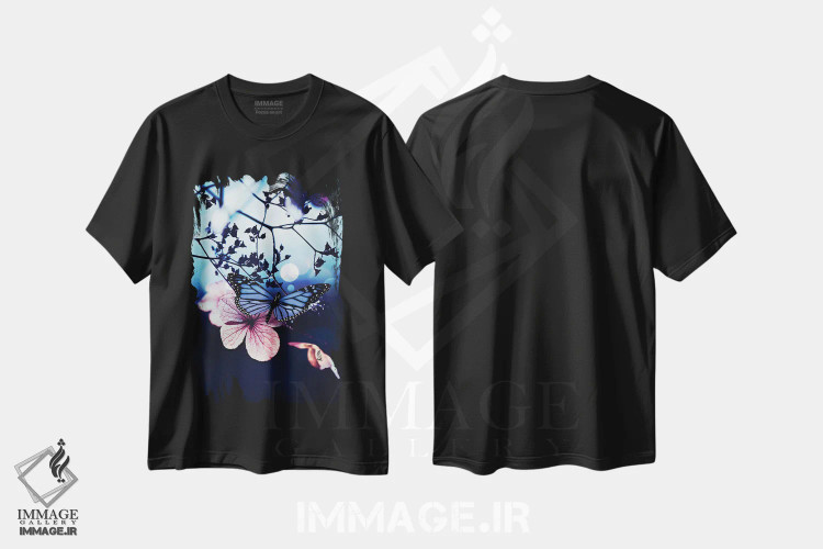 تیشرت مشکی طرح دار پروانه آبی روی برگ صورتی، هنر دیجیتال اثر جن زد | immage.ir