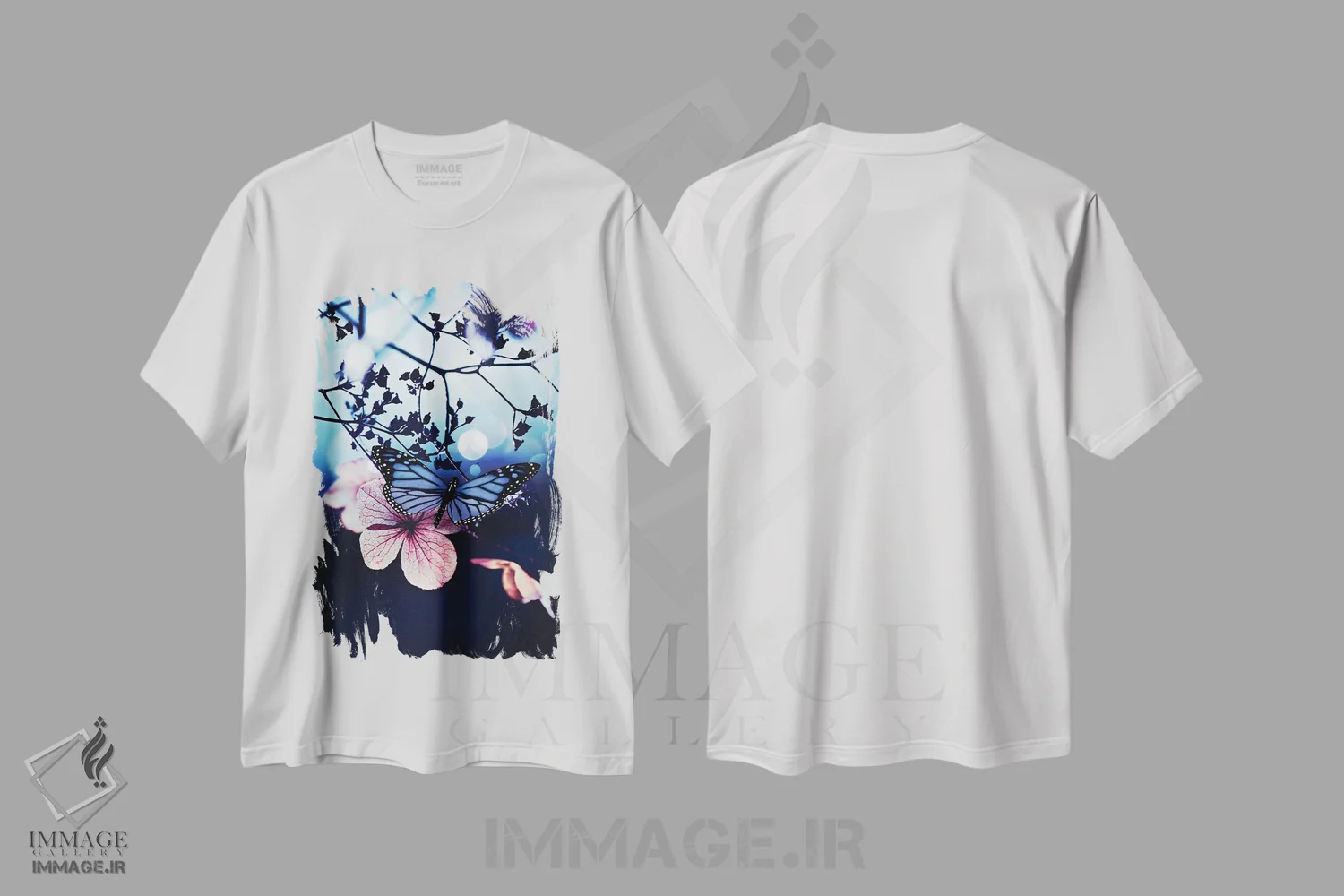 تیشرت سفید طرح دار پروانه آبی روی برگ صورتی، هنر دیجیتال اثر جن زد | فروشگاه ایماژ