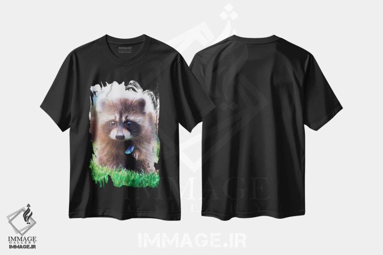 تیشرت مشکی طرح دار راکن میان چمن سبز و پروانه آبی، هنر دیجیتال اثر جن زد | فروشگاه ایماژ