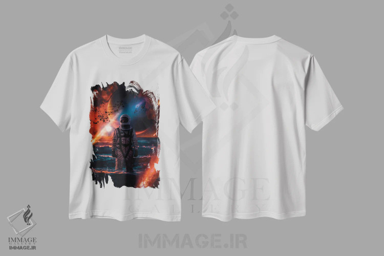 تیشرت سفید طرح دار فضانورد گمشده در اقیانوس و سیارک های در حال سقوط، هنر دیجیتال اثر جن زد | فروشگاه ایماژ