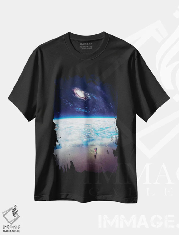 تیشرت مشکی طرح دار گشت موج سوار بر ساحل فضایی زمین، هنر دیجیتال اثر جن زد | فروشگاه ایماژ