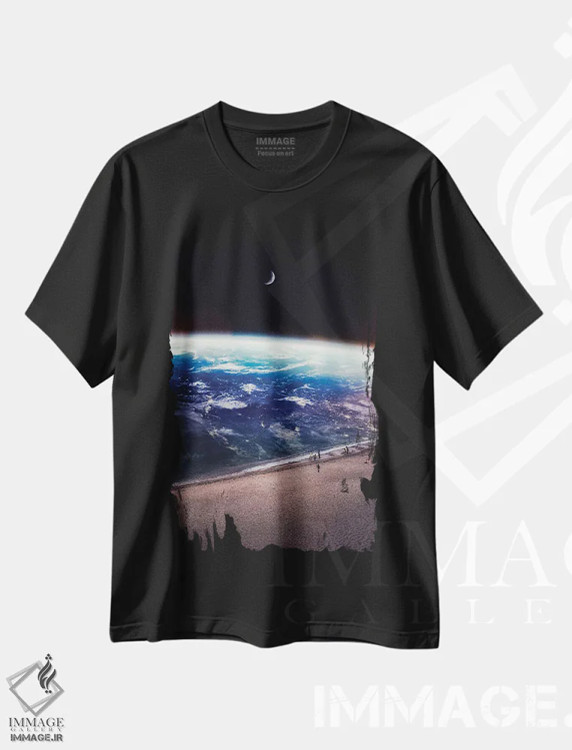 تیشرت مشکی طرح دار پیاده روی تفریحی در ساحل فضایی، هنر دیجیتال اثر جن زد | immage.ir