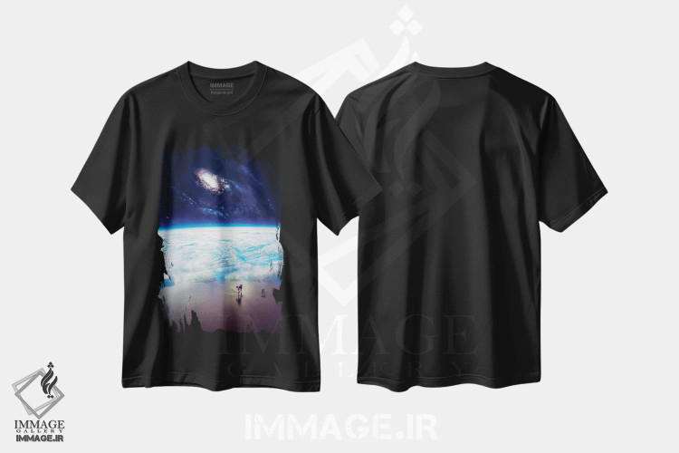 تیشرت مشکی طرح دار گشت موج سوار بر ساحل فضایی زمین، هنر دیجیتال اثر جن زد | فروشگاه ایماژ