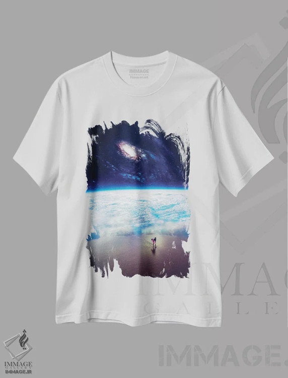 تیشرت سفید طرح دار گشت موج سوار بر ساحل فضایی زمین، هنر دیجیتال اثر جن زد | immage.ir