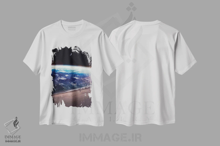 تیشرت سفید طرح دار پیاده روی تفریحی در ساحل فضایی، هنر دیجیتال اثر جن زد | فروشگاه ایماژ
