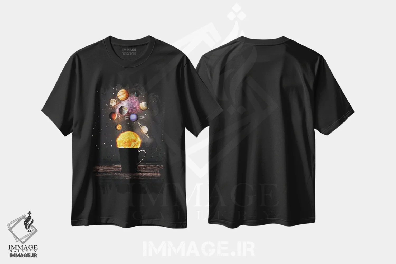 تیشرت مشکی طرح دار فنجان قهوه منظومه شمسی، هنر دیجیتال اثر جن زد | فروشگاه ایماژ
