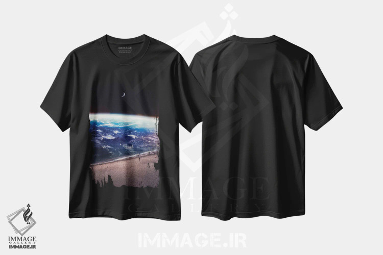 تیشرت مشکی طرح دار پیاده روی تفریحی در ساحل فضایی، هنر دیجیتال اثر جن زد | immage.ir