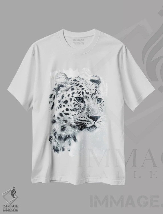 تیشرت سفید طرح دار پرتره پلنگ برفی سفید، هنر دیجیتال اثر جن زد | فروشگاه ایماژ