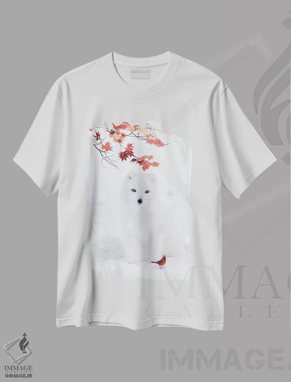 تیشرت سفید طرح دار روباه سفید و پرنده کاردینال قرمز، هنر دیجیتال اثر جن زد | immage.ir