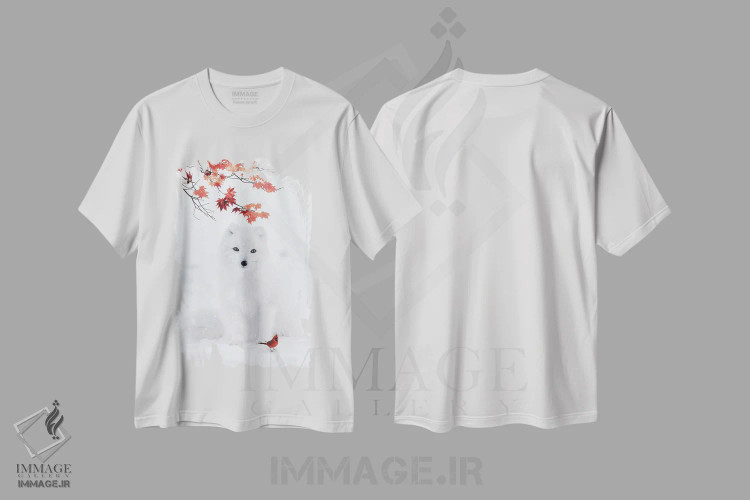 تیشرت سفید طرح دار روباه سفید و پرنده کاردینال قرمز، هنر دیجیتال اثر جن زد | immage.ir