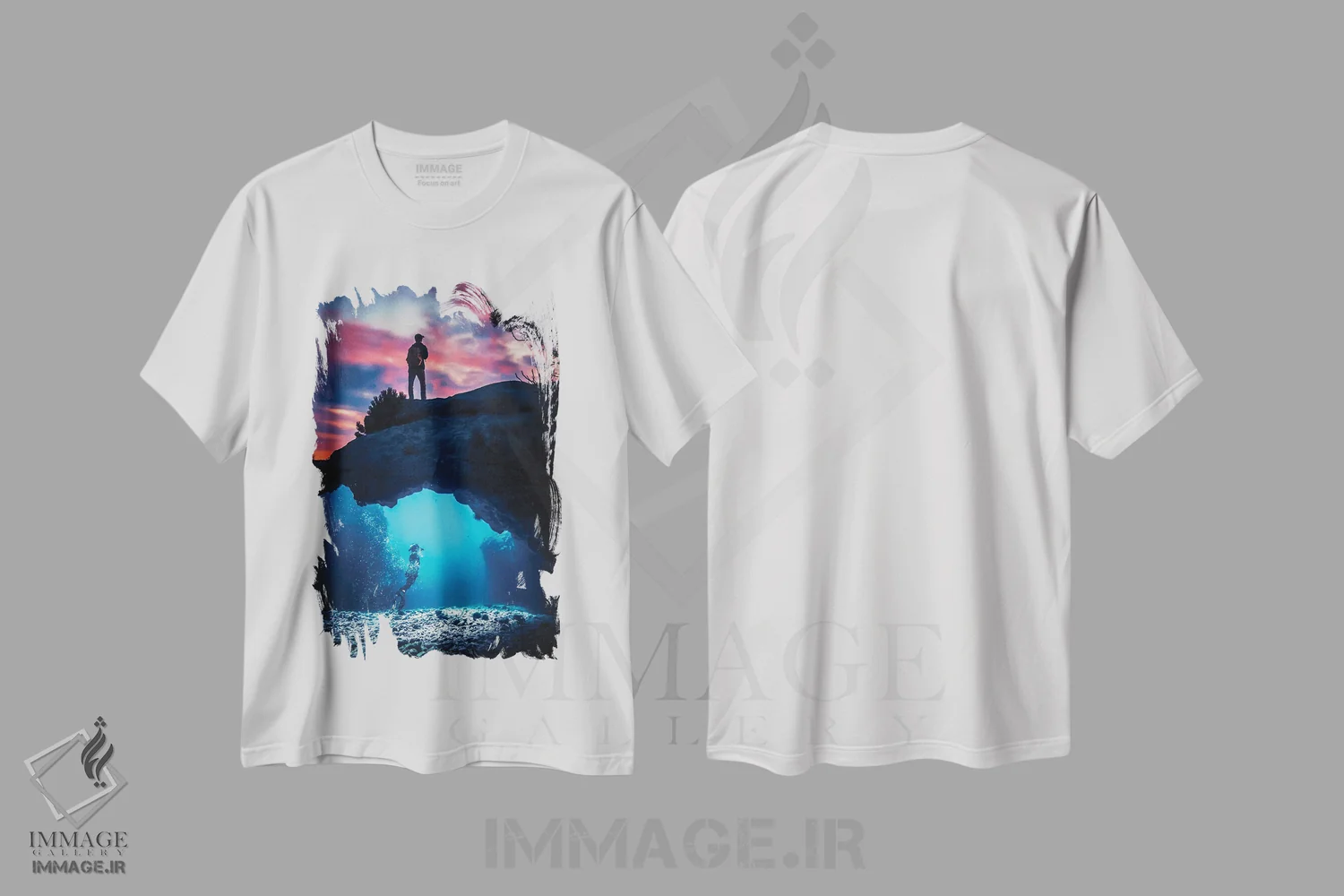تیشرت سفید طرح دار غواصی زیر بستر دریا و غروب سرخ، هنر دیجیتال اثر جن زد | immage.ir