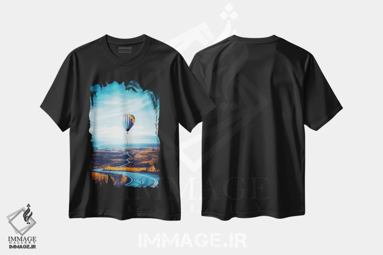 تیشرت مشکی طرح دار جاده جادویی به سمت بالون هوای داغ، هنر دیجیتال اثر جن زد | فروشگاه ایماژ