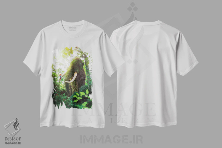تیشرت سفید طرح دار ماموت سبزیجاتی در جنگل گرمسیری، عکاسی ترکیبی اثر جن زد | immage.ir